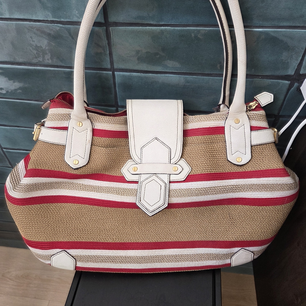 Eric Javits Stylish Red and Tan Striped Women's Bag